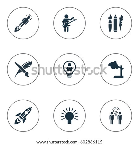 Vector Illustration Set Of Simple Creative Thinking Icons. Elements Entrepreneur, Table Light, Shuttle And Other Synonyms Desk, Brain And Paint.
