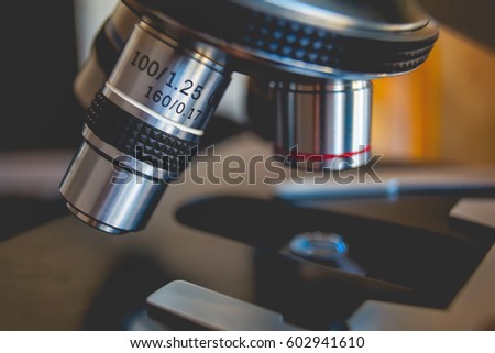 Microscope for laboratory research. Photo of a medical microscope close-up
