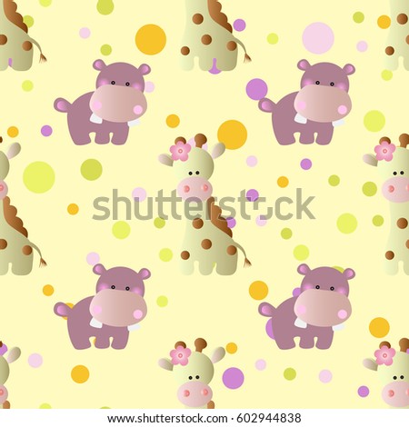 seamless pattern with cartoon cute toy baby behemoth, giraffe and Circles on a light yellow background 