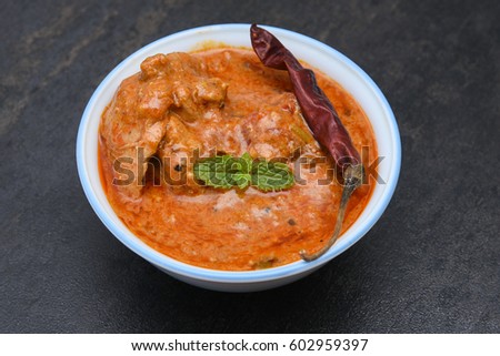 Dhaba chicken curry/tikka masala/Korma, hot and spicy with gravy Mumbai, Punjab, North India. Non-vegetarian food prepared using Indian spices/masala. Side dish for chapati/roti/naan/paratha/parantha