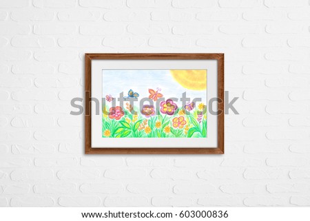 Colorful pencils drawing, kid's art  "Spring fantasy, floral motif" in wooden frame on white bricks wall. Interior decor mock up for children's area