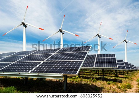Photo collage of solar panels and wind turbins - concept of sustainable resources