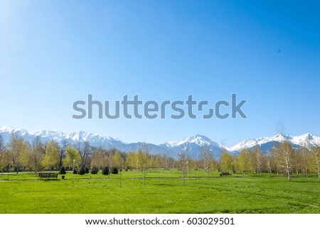 Kazakhstan, early spring. Park of the first president of the country. Central park at sunny day. beautiful green park