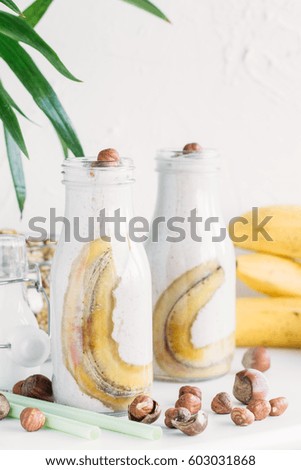 Banana nuts smoothies with caramel. Vegetarian menu concept
