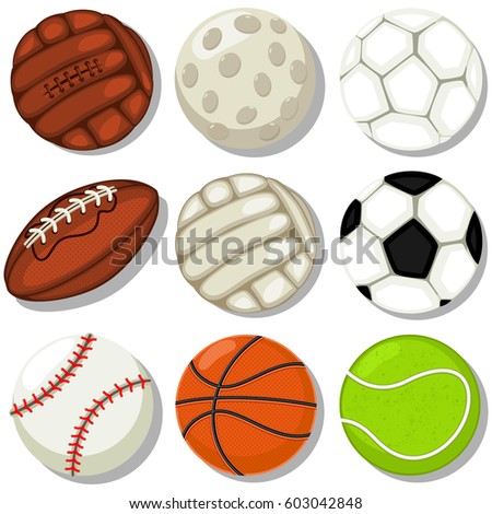 Different sport balls vector cartoon icons set. Basketball, soccer, rugby, tennis, baseball, golf, football, volleyball.