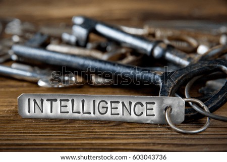 Photo of key bunch on wooden board and tag with letters imprinted on clean metal surface; concept of INTELLIGENCE
