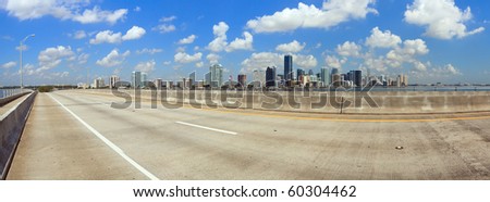 Panoramic view of Miami and Biscayne Bay from the Key Biscayne bridge.