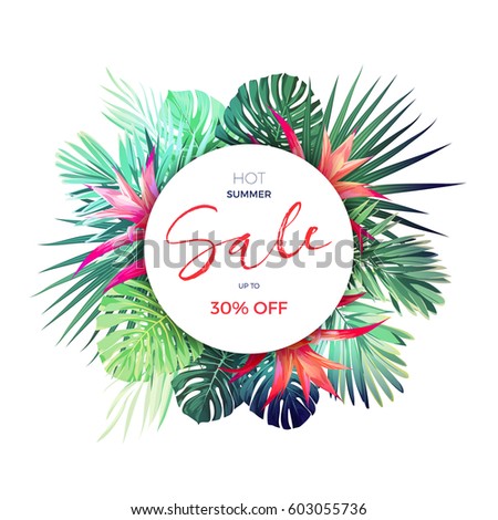 Summer vector floral sale banner. Tropical template design with palm leaves and red guzmania flowers. Royalty-Free Stock Photo #603055736