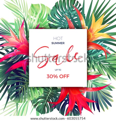 Summer vector floral sale banner. Tropical template design with palm leaves and red guzmania flowers. Royalty-Free Stock Photo #603055754