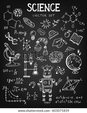 Science education doodle set of Biology, mathematics, physics, chemistry, astronomy, robotic technology, geometry.