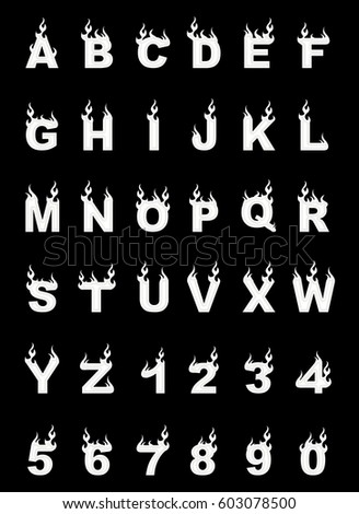 Fire alphabet, cartoon-style, simple white