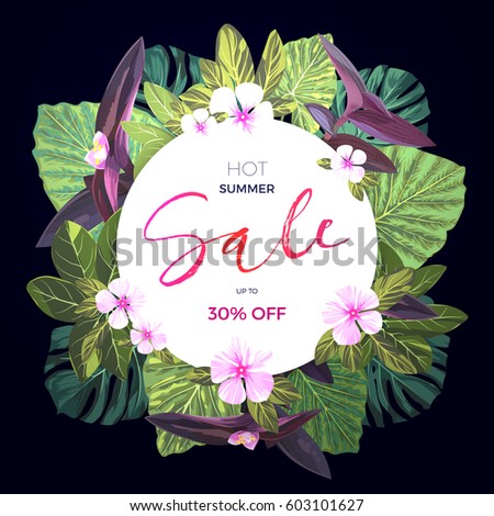 Summer tropical sale design with exotic palm leaves and pink flowers. Jungle vector floral template.