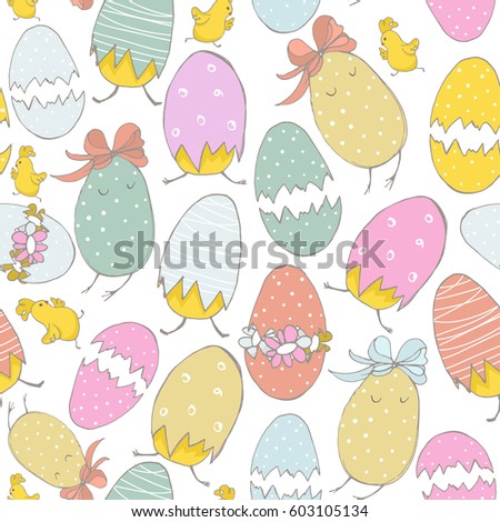 Seamless pattern with cute hand drawn chicks. Easter theme texture. Easter Spring background with flowers and eggs. Vector Background 