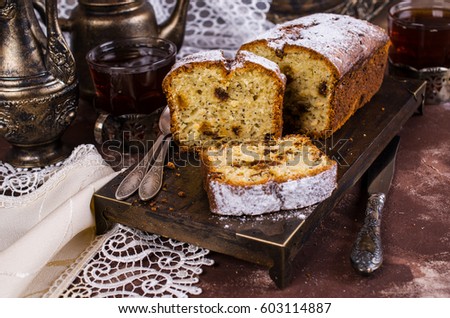 Cake with raisins and poppy seeds. Selective focus.