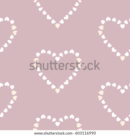Seamless hearty wreath pattern. Heart sign garland. Texture of love symbols. Holiday, birthday, Valentine day, sale theme. White silhouettes on soft light pale rosy gray background. Vector