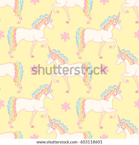Seamless pattern with cute unicorns and flowers.Vector magic background with stickers, pins, patches in cartoon style.