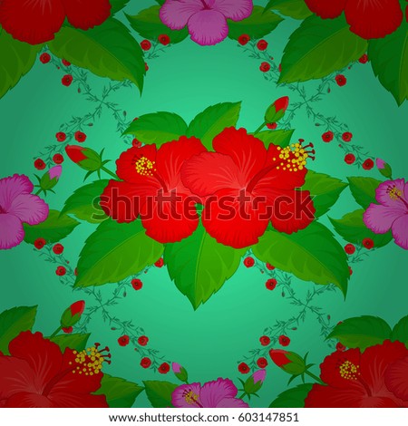 Watercolor seamless pattern with hibiscus flowers on a green background. Beautiful vector pattern for decoration and design. Exquisite pattern of hibiscus flowers. Vintage style trendy print.