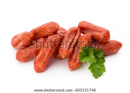Salami susages, parsley sausage. Isolated on white background.