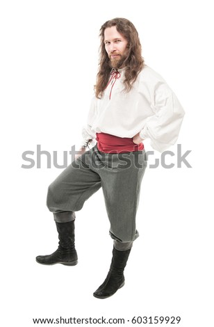 Handsome man in historical pirate costume isolated on white