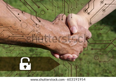 Web icon castle of security shield business from viruses  against the background of handshake of business partners 