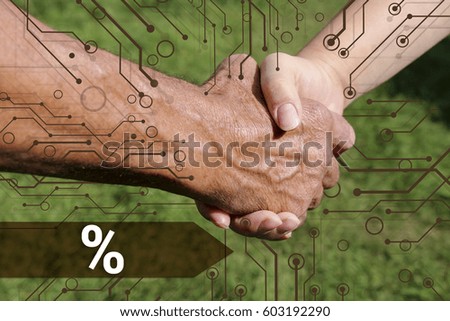 Web icon of interest  against the background of handshake of business partners.Online shopping, discounts, promotions,  sales. 
