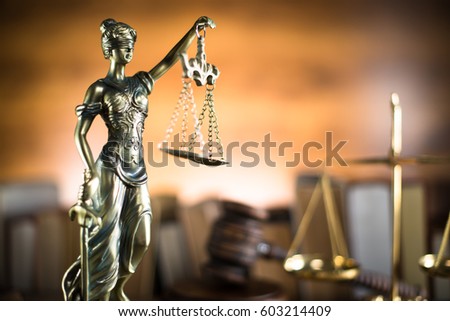 Law and Justice theme, mallet of the judge, justice scale, books, wooden desk, law concept. place for typography