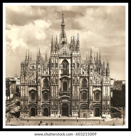MILAN (Italy) Cathedral-Basilica of the Nativity of Saint Mary - Antiquing Style Photo with Black and White Frame