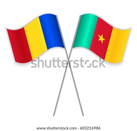 Romanian and Cameroonian crossed flags. Romania combined with Cameroon isolated on white. Language learning, international business or travel concept.