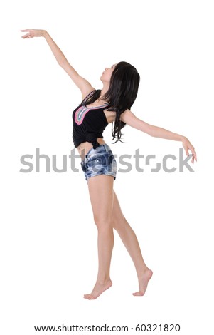 Modern ballet dancer dancing against white background.