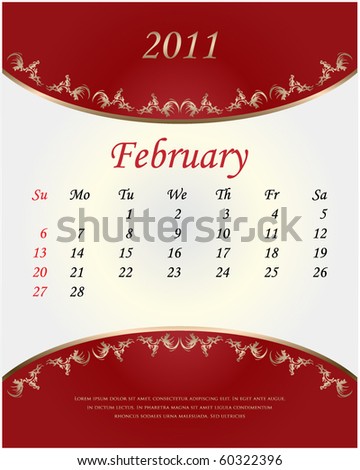 Red vintage calendar for 2011. February. Vector.