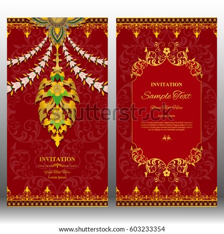 Wedding Invitation card with,Contemporary Thai Design,With pattern gold and red background,vector illustration.