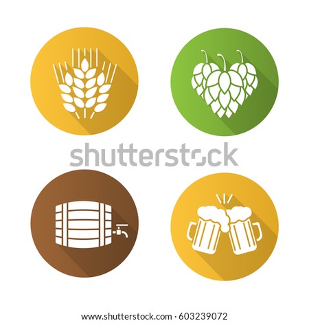 Beer flat design long shadow icons set. Hop cones, wheat ears, toasting beer glasses, alcohol wooden barrel. Vector silhouette symbols