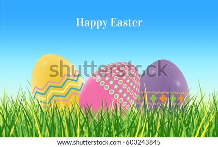 Vectors background.Three easter eggs  in green grass on blue backgrounds.pink, yellow, purple easter eggs.