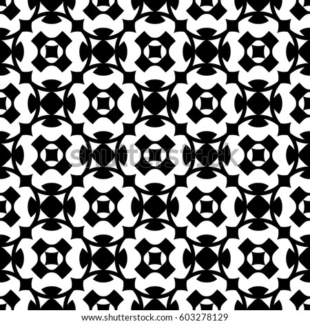 Vector seamless pattern, abstract geometric black & white texture. Ornamental shapes, crosses, rhombuses, rounded lattice. Endless monochrome background, repeat tiles. Simple decorative element 