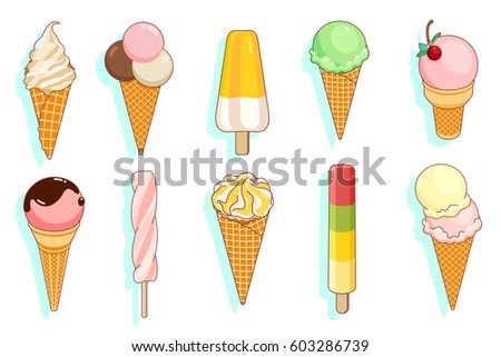 Set of colorful tasty isolated ice cream at a white background. Vector Illustration.