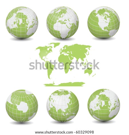 Earth Green Globes collection with World map illustration clip art isolated on white