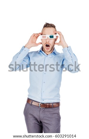 portrait of amazed man with 3d glasses. people and emotion concept.