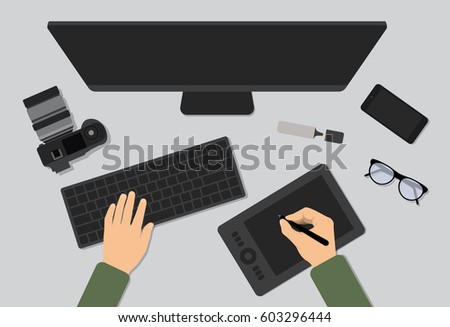 Photographer work at the table flat vector illustration. Man working with photo. Photographer workspace isolated on gray background