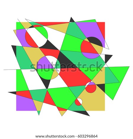 Bright Abstract Geometric Pattern. Circles, Lines, Triangles in Memphis Style Crossing and Colored. 