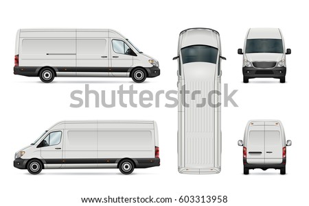 White van vector template for car branding and advertising. Isolated commercial vehicle set on white. All layers and groups well organized for easy editing. View from side, back, front, top. Royalty-Free Stock Photo #603313958