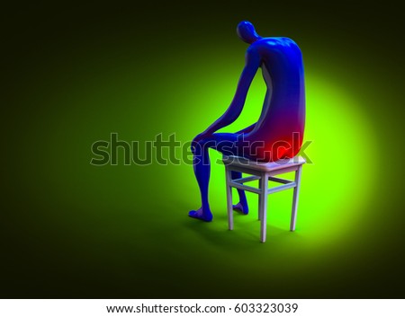 Hemorrhoid. Man painfully sitting on a chair. 3D illustration