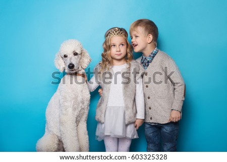 Little princess and handsome boy with Royal poodle. Love. Friendship. Family. Studio portrait over blue background