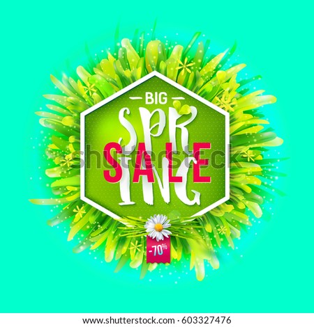 Big spring sale label with green grass and chamomile. Geometric label with realistic nature background. Promotion banner. 70% off. May used as banner, poster, flyer. Vector illustration
