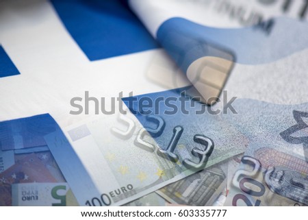 Greek flag, Credit Card and Euro money, concept picture, background, texture 