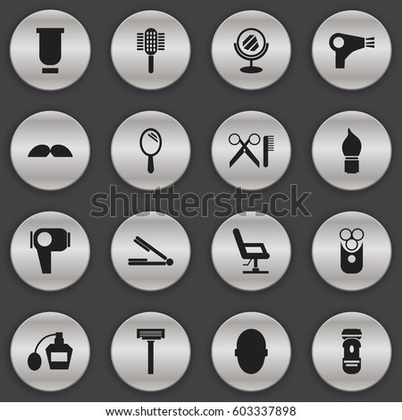 Set Of 16 Editable Tonsorial Artist Icons. Includes Symbols Such As Hair Drier, Elbow Chair, Brains And More. Can Be Used For Web, Mobile, UI And Infographic Design.