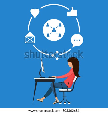 Young girl and social media network with icons like, message, share. Vector illustration in flat design.