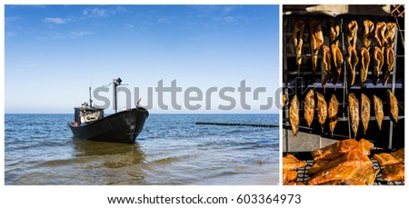 Fishing boat on the coast and smoked fish. Collage of two pictures. Postcard.