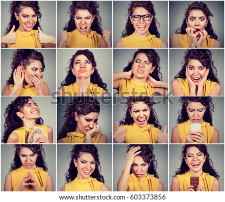 Collage of a young woman expressing different emotions and feelings  Royalty-Free Stock Photo #603373856