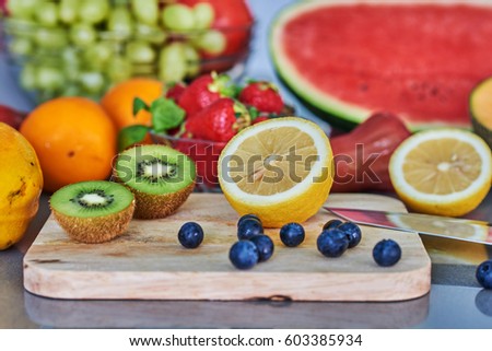 Fresh fruits on desk and kitchen.
