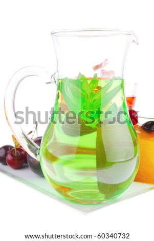 fruit icecream with fruits and beverage on white plate